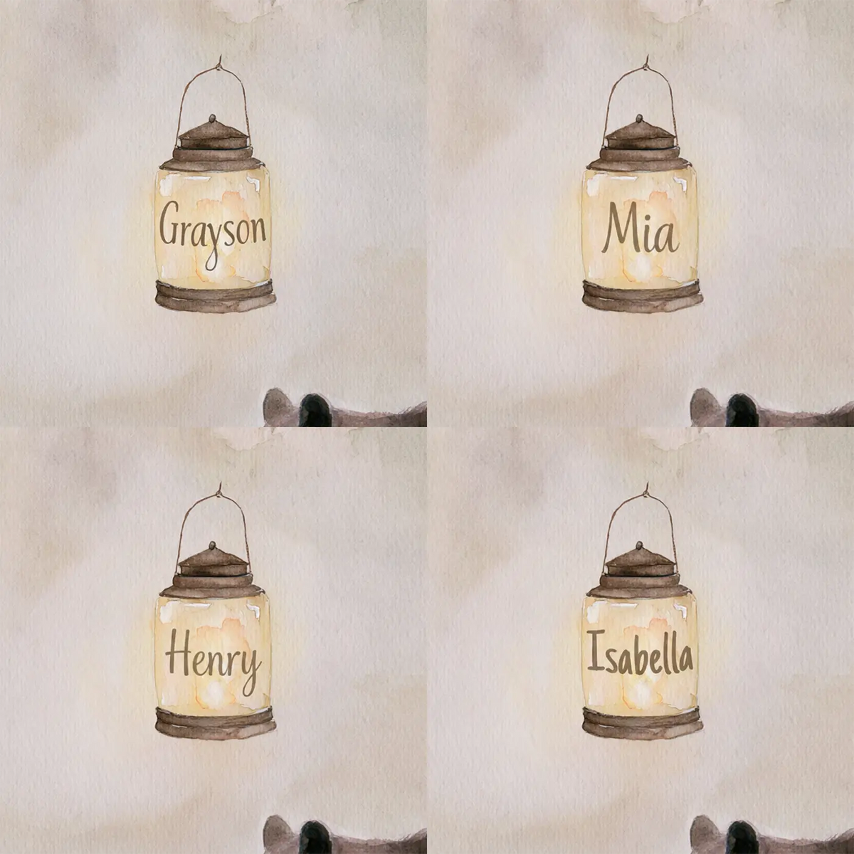 Four name preview examples of Misty Meadow Bear Lantern Personalized Wall Mural by Whimsy Tots