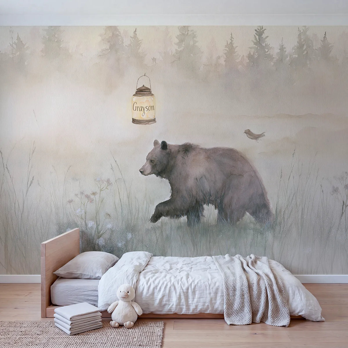 Misty Meadow Bear Lantern Personalized Wall Mural in playroom setting by Whimsy Tots