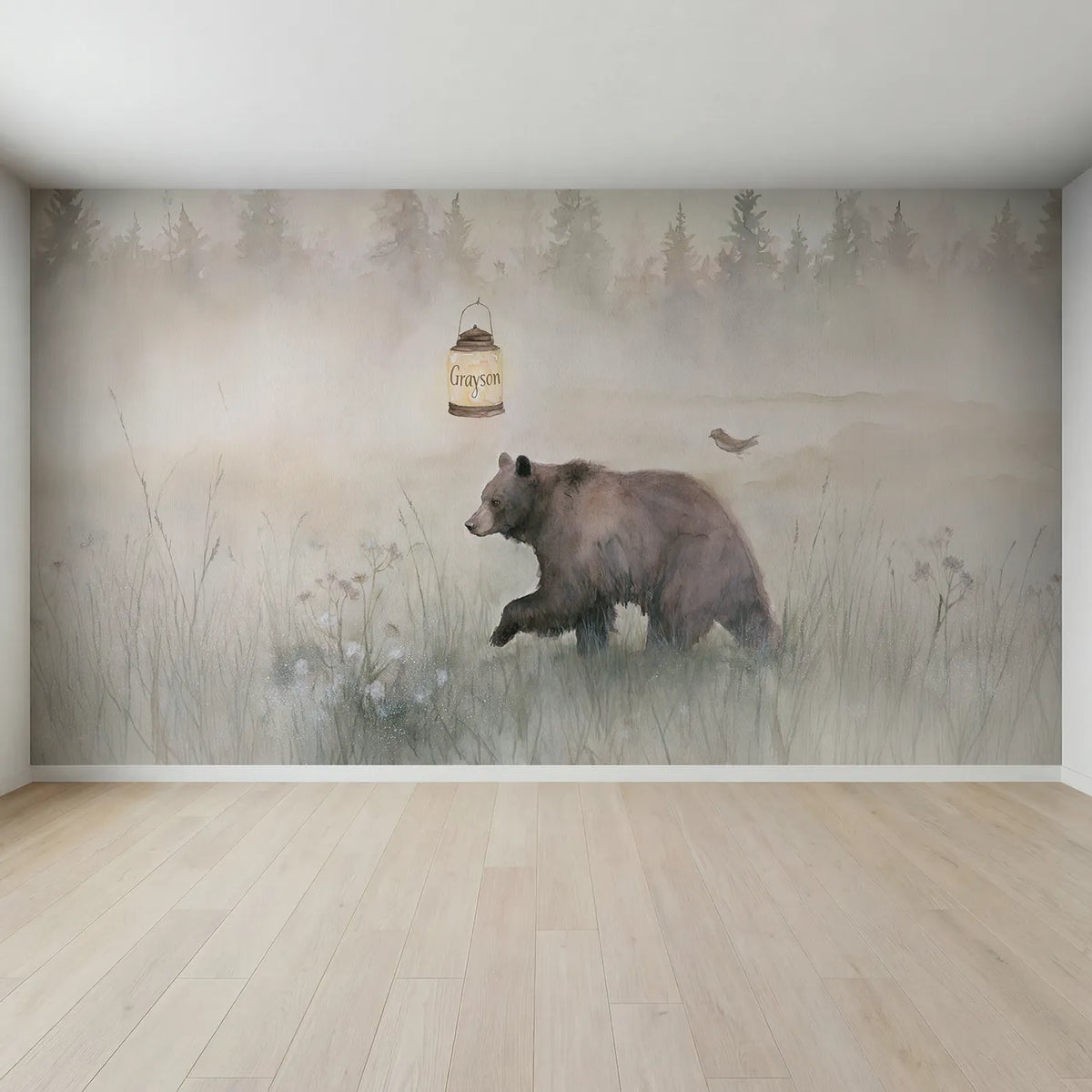 Full view of Misty Meadow Bear Lantern Personalized Wall Mural by Whimsy Tots