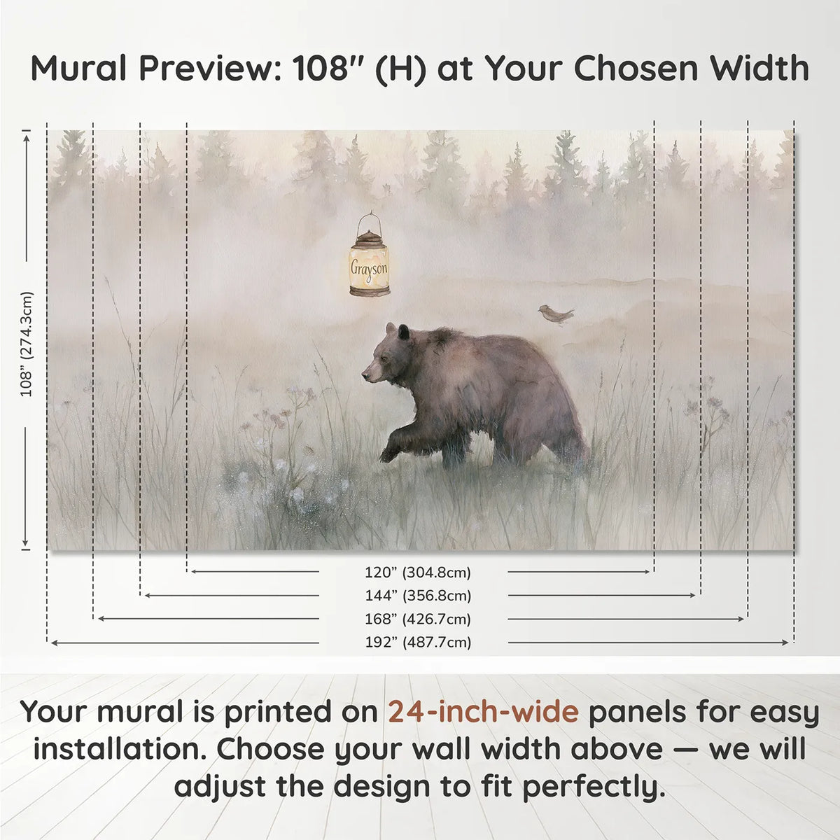 Panel layout and dimensions for Misty Meadow Bear Lantern Personalized Wall Mural by Whimsy Tots