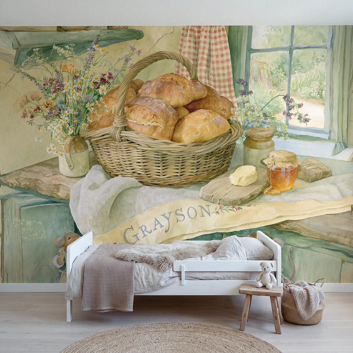 Storybook cottage bread basket personalized wall mural with embroidered linen hem by Whimsy Tots