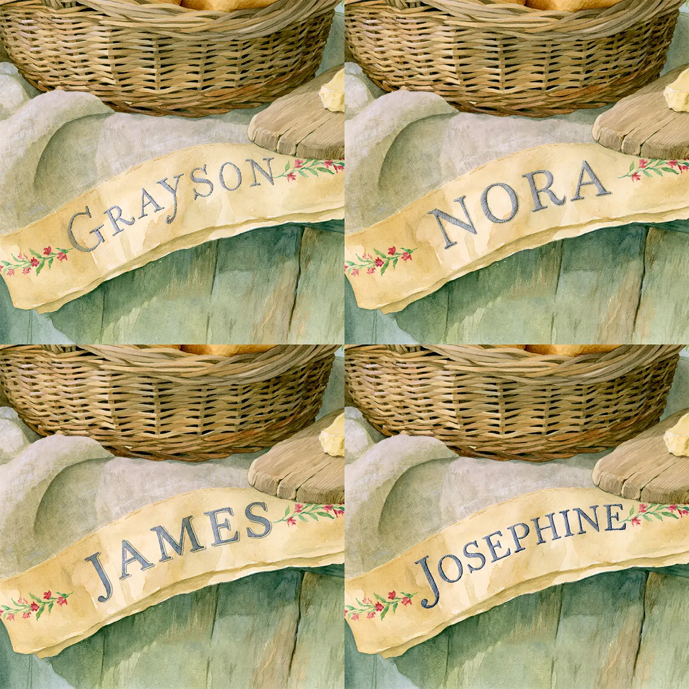 Four name preview examples of Cottage Bread Basket Personalized Wall Mural by Whimsy Tots