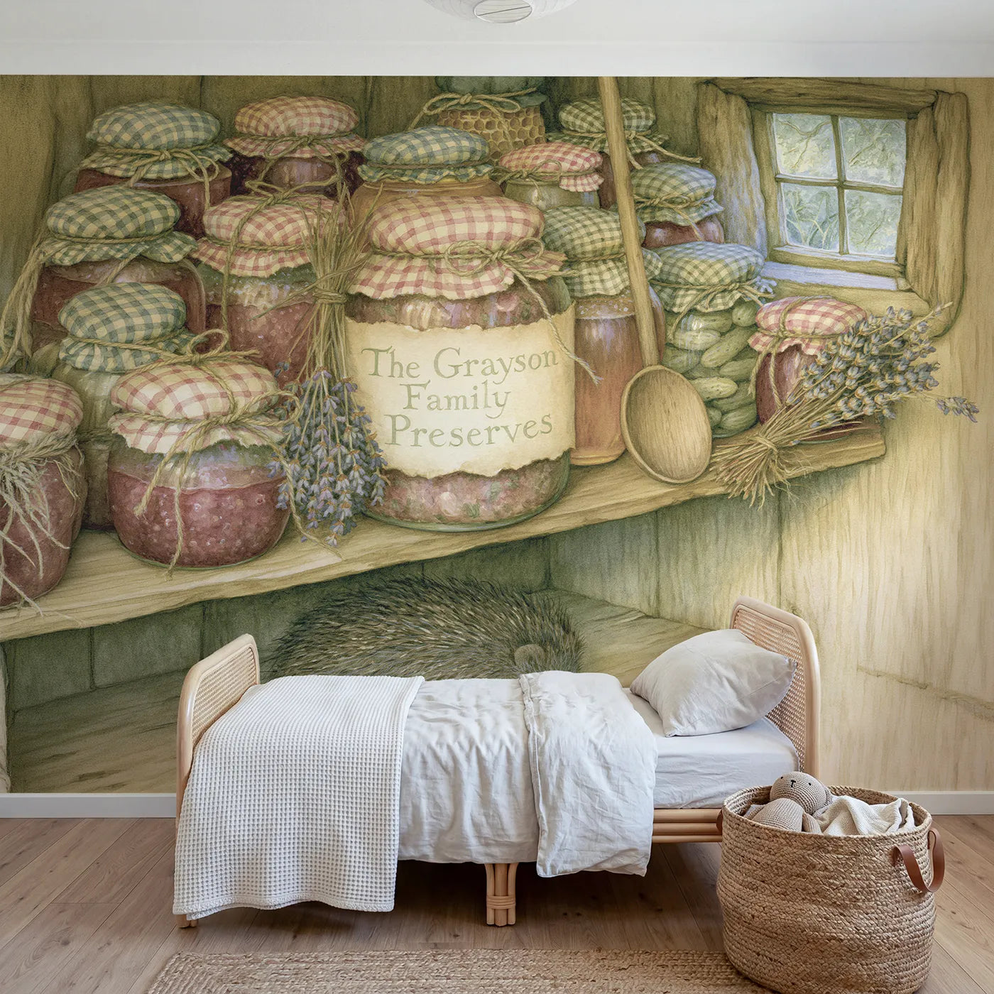 Storybook family preserves shelf personalized wall mural with hand-lettered jar label by Whimsy Tots