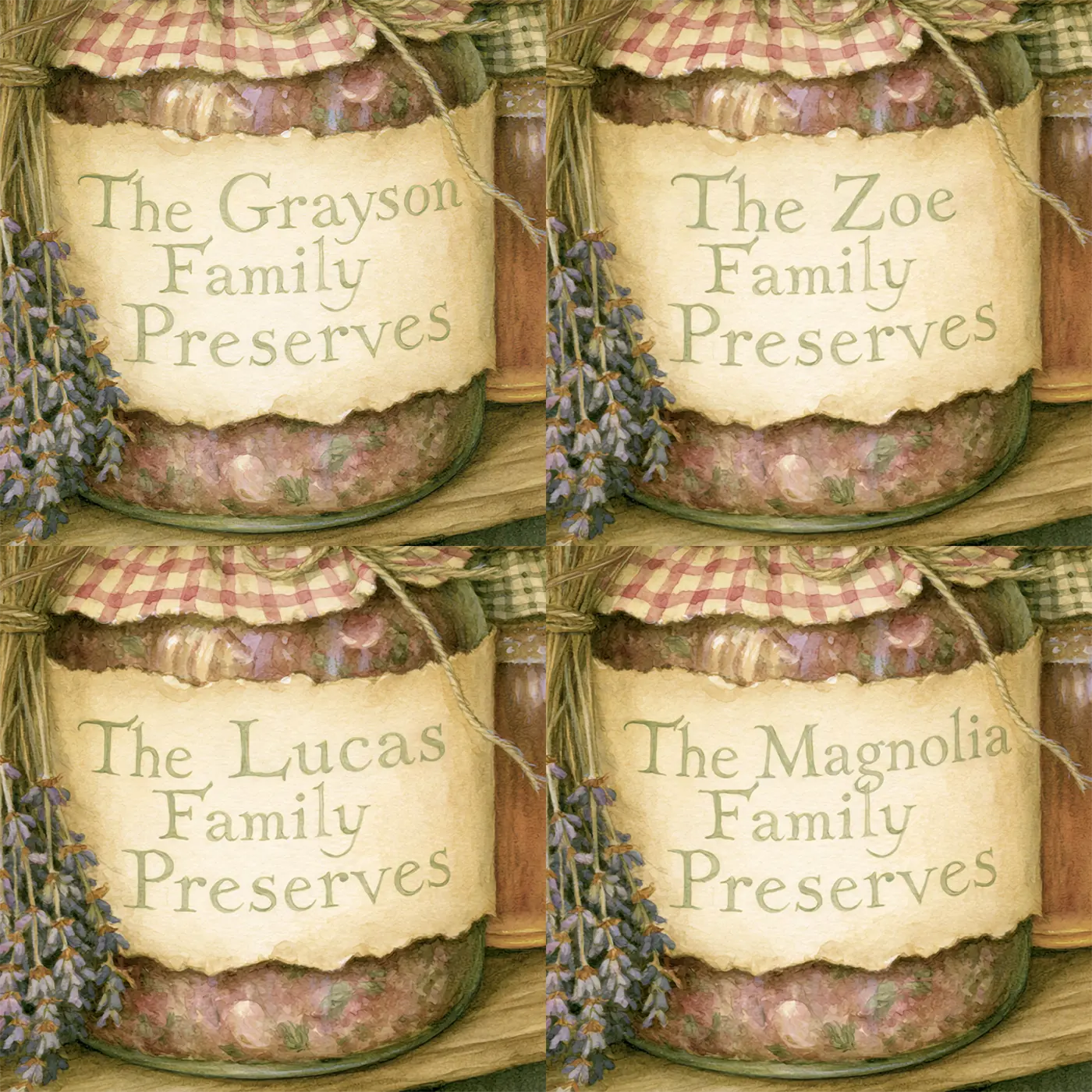 Four name preview examples of Family Preserves Shelf Personalized Wall Mural by Whimsy Tots