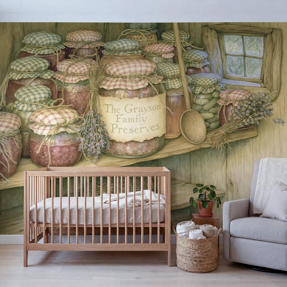 Family Preserves Shelf Personalized Wall Mural in playroom setting by Whimsy Tots
