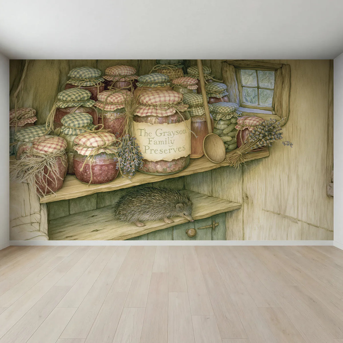 Full view of Family Preserves Shelf Personalized Wall Mural by Whimsy Tots