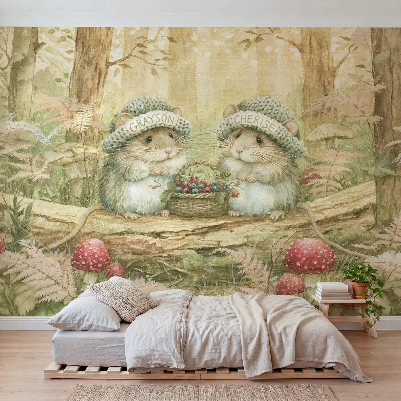 Storybook two forest mice personalized wall mural with knitted cap brims by Whimsy Tots