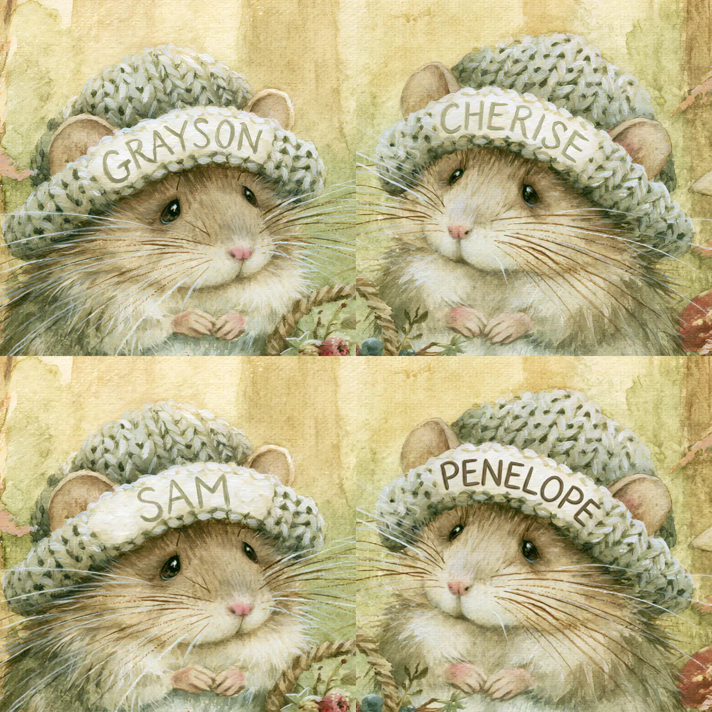 Four name preview examples of Two Mice in Knitted Caps Personalized Wall Mural by Whimsy Tots