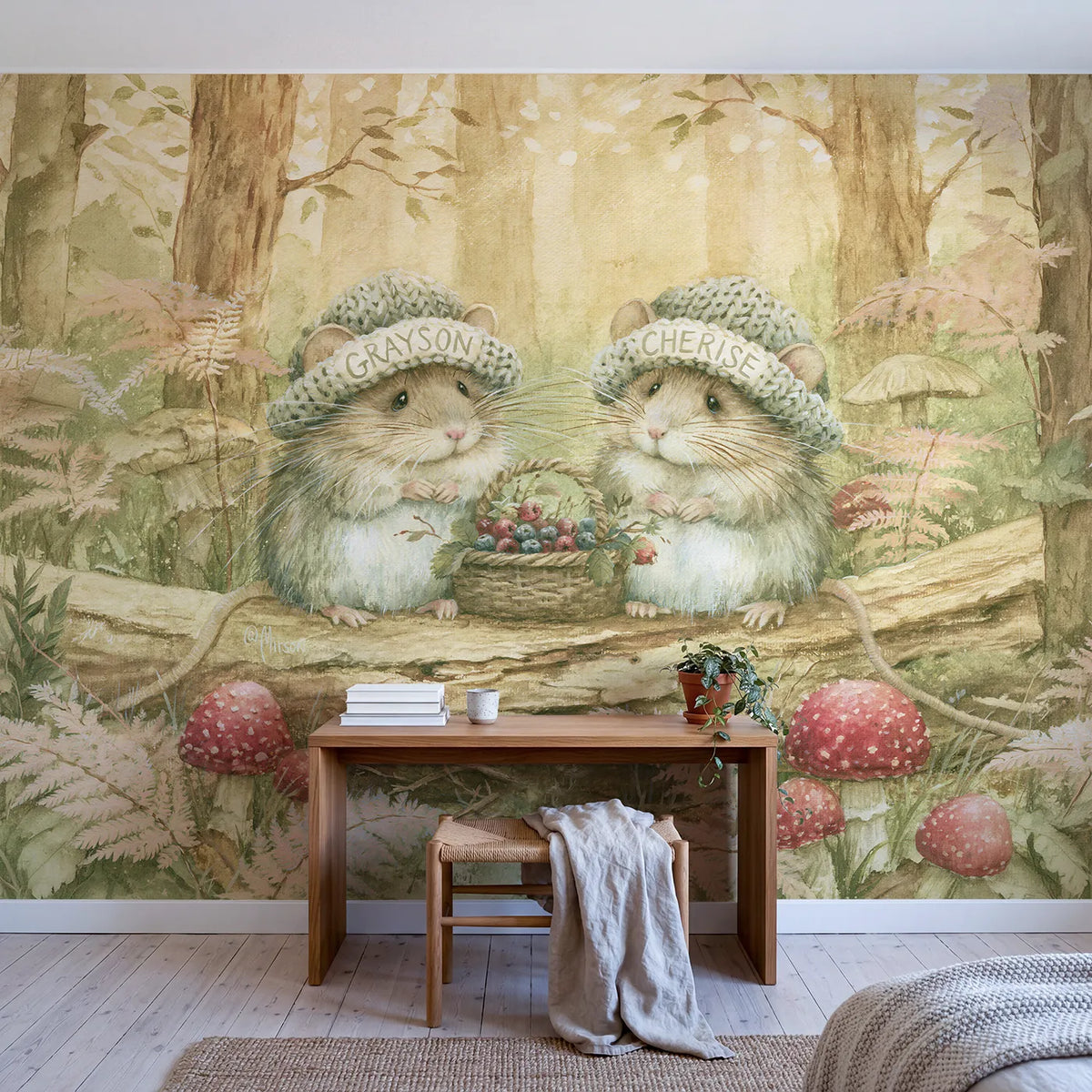 Two Mice in Knitted Caps Personalized Wall Mural in playroom setting by Whimsy Tots