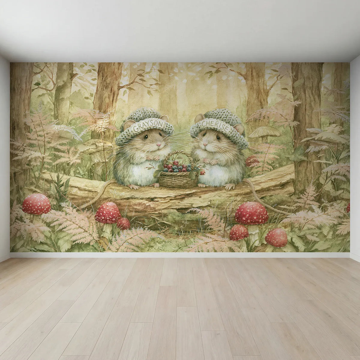 Full view of Two Mice in Knitted Caps Personalized Wall Mural by Whimsy Tots