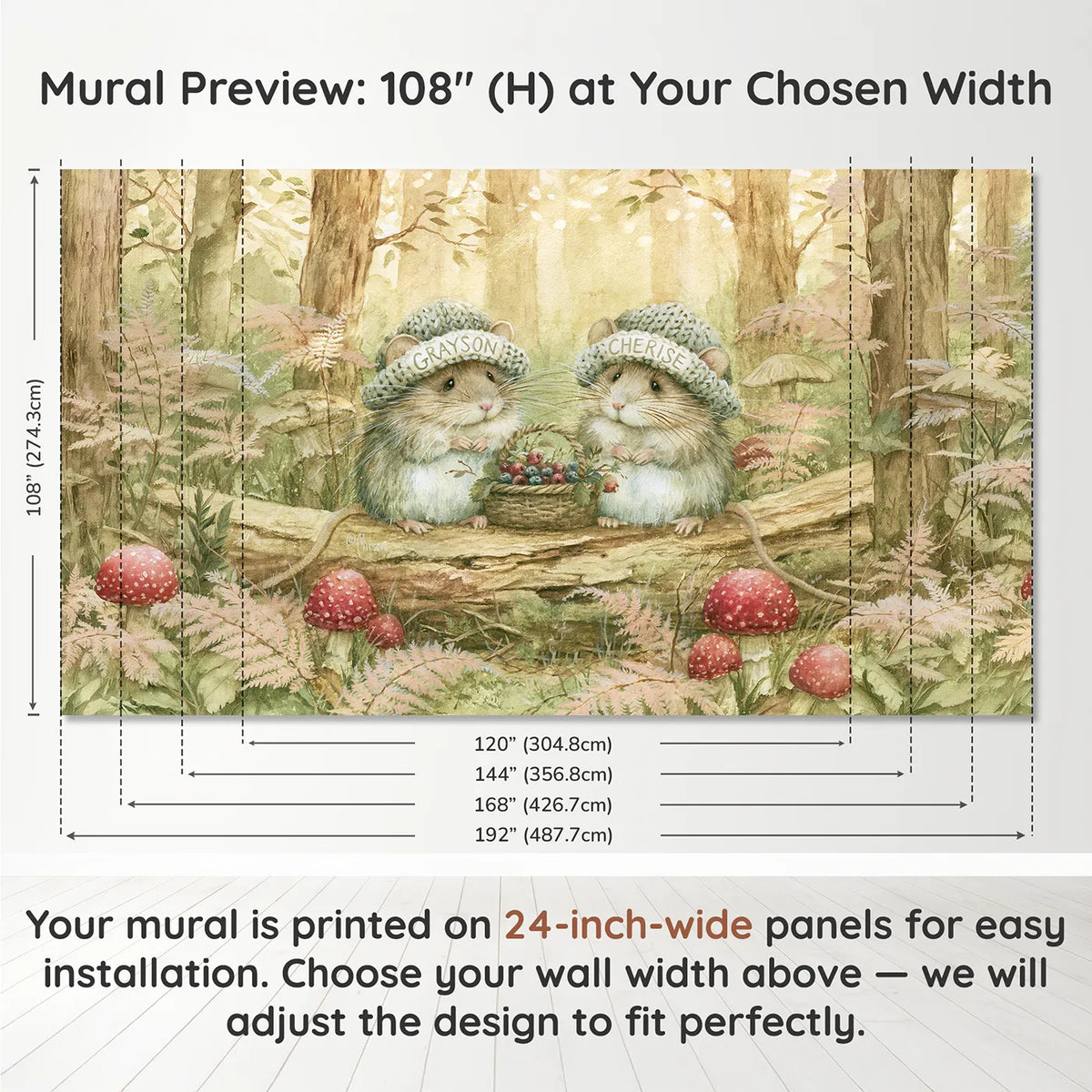Panel layout and dimensions for Two Mice in Knitted Caps Personalized Wall Mural by Whimsy Tots