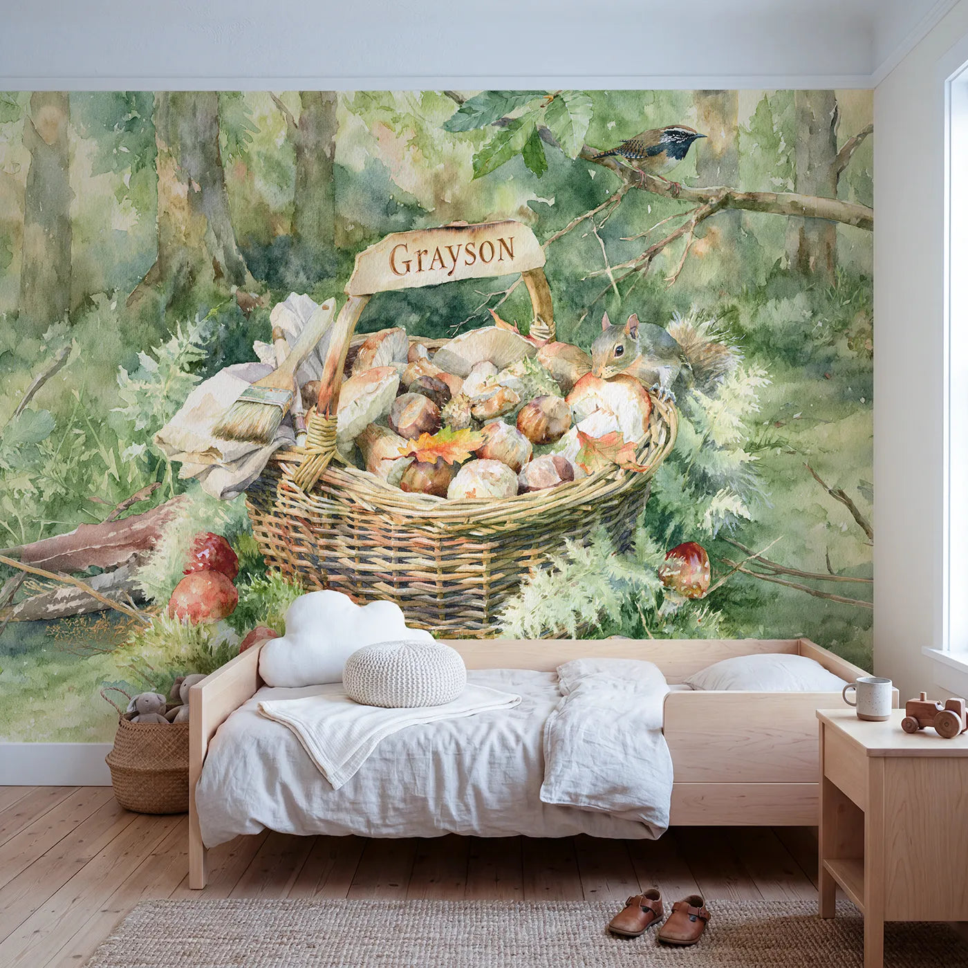 Watercolor mushroom forager basket personalized wall mural with burned wooden handle by Whimsy Tots