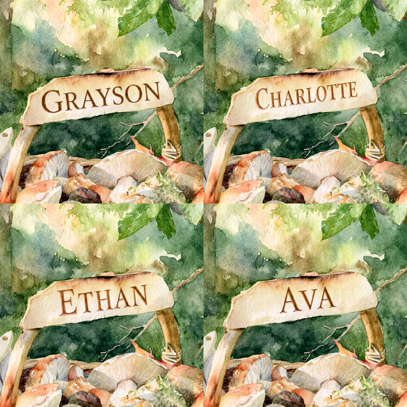 Four name preview examples of Mushroom Forager Basket Personalized Wall Mural by Whimsy Tots