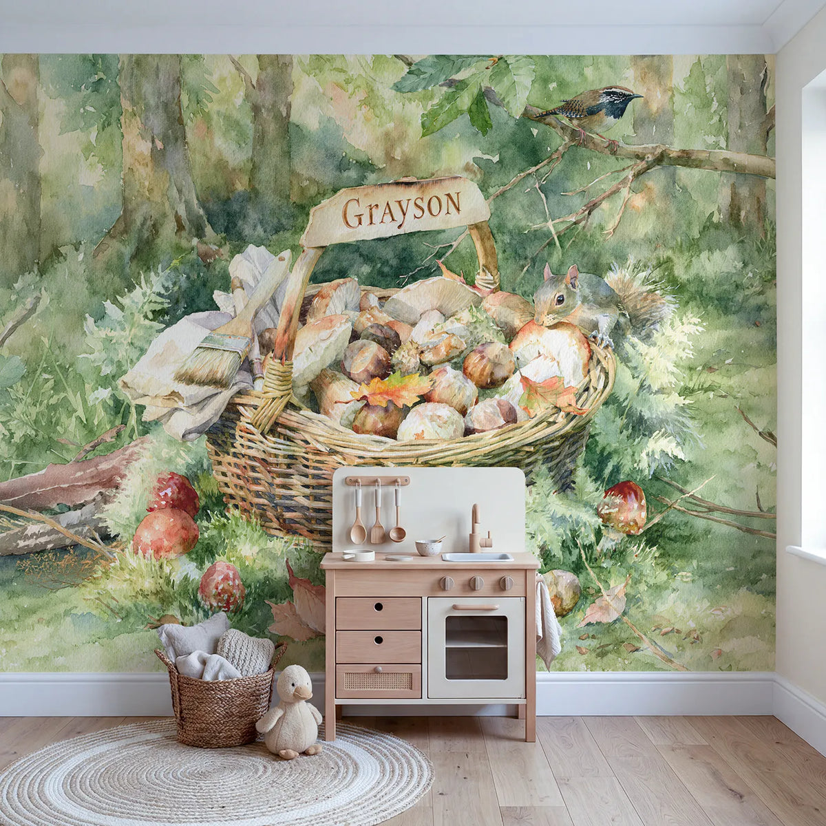 Mushroom Forager Basket Personalized Wall Mural in playroom setting by Whimsy Tots