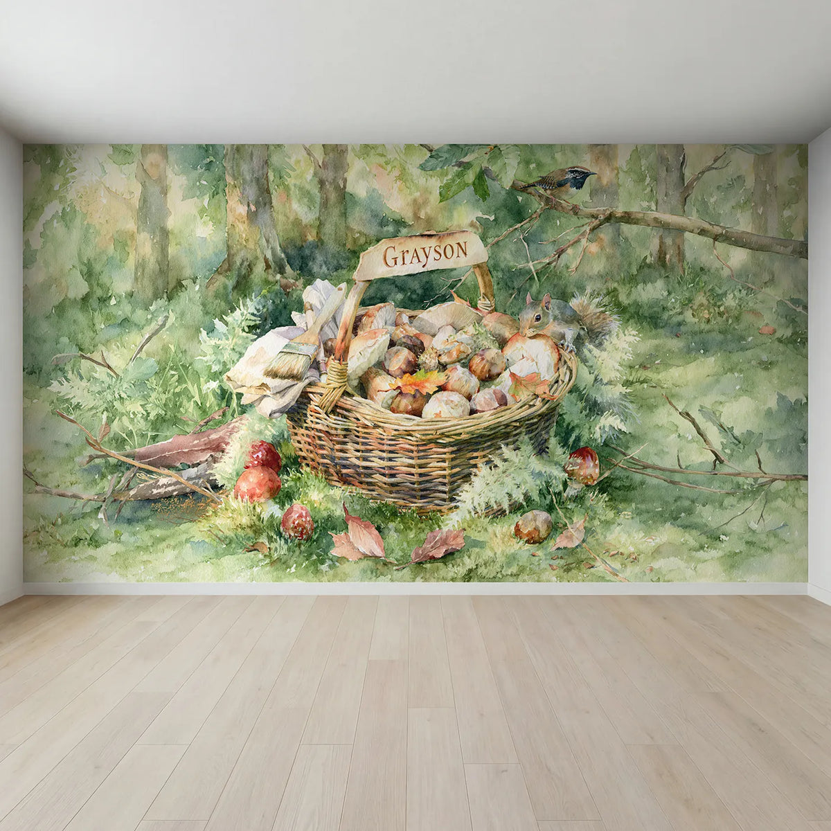 Full view of Mushroom Forager Basket Personalized Wall Mural by Whimsy Tots