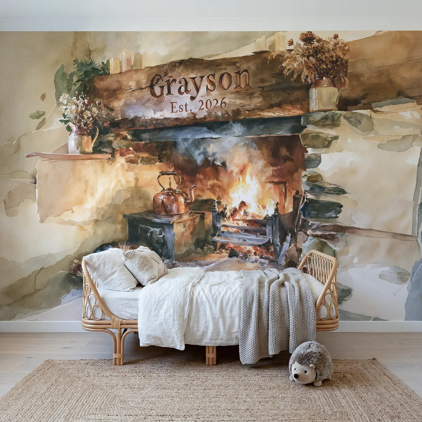 Watercolor cottage hearth keepsake personalized wall mural with carved mantel beam by Whimsy Tots