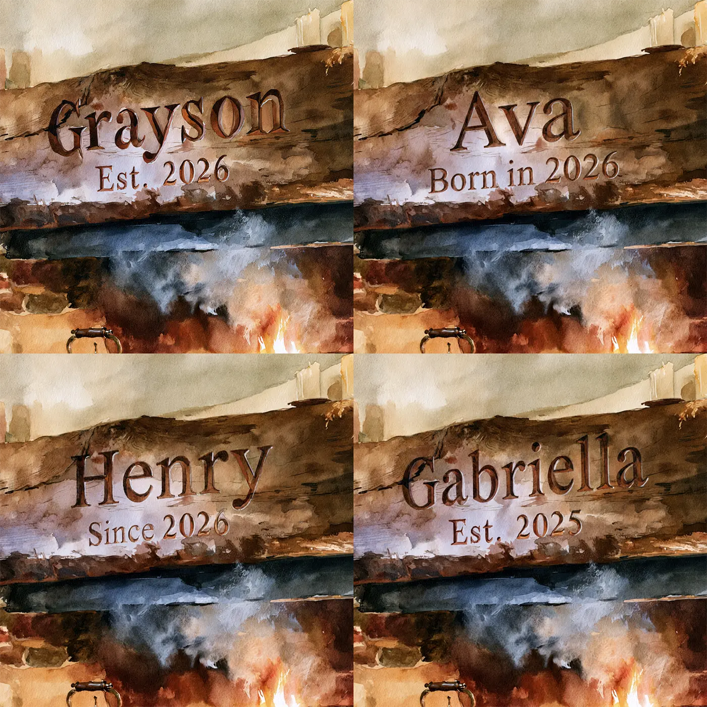 Four name preview examples of Cottage Hearth Keepsake Personalized Wall Mural by Whimsy Tots