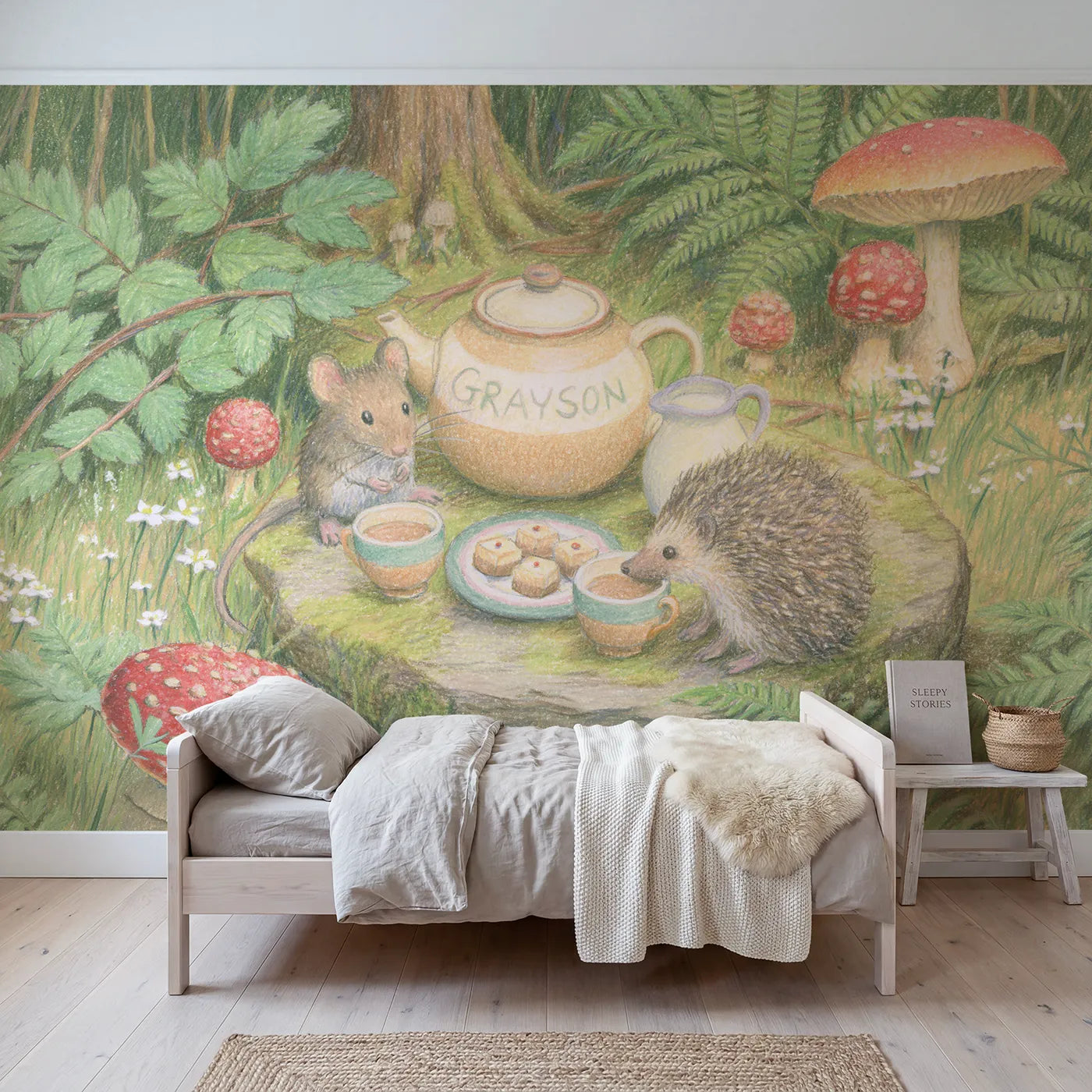 Colored pencil toadstool tea set personalized wall mural with lettered teapot belly by Whimsy Tots