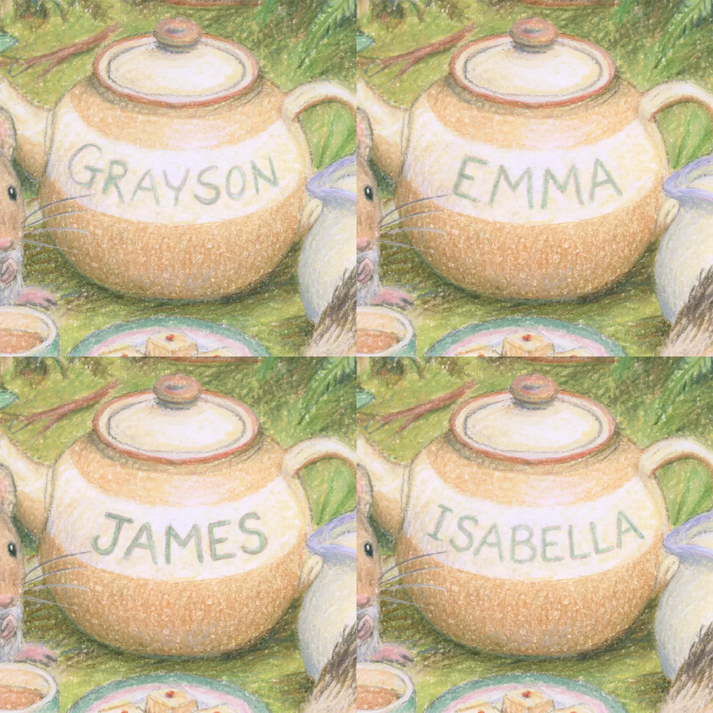 Four name preview examples of Toadstool Tea Set Personalized Wall Mural by Whimsy Tots