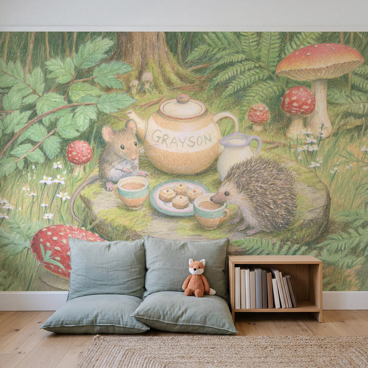 Toadstool Tea Set Personalized Wall Mural in playroom setting by Whimsy Tots