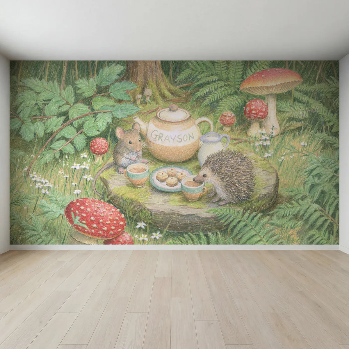 Full view of Toadstool Tea Set Personalized Wall Mural by Whimsy Tots