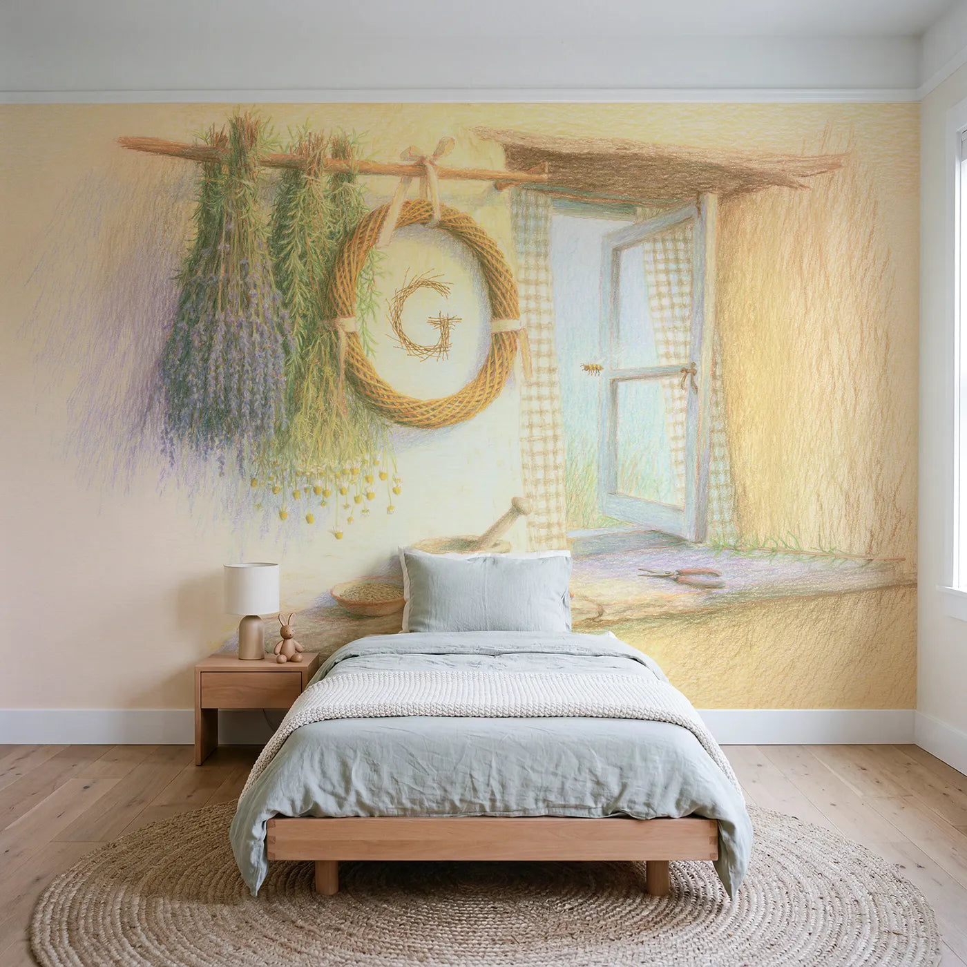 Colored pencil herb drying rack personalized wall mural with woven willow initial by Whimsy Tots