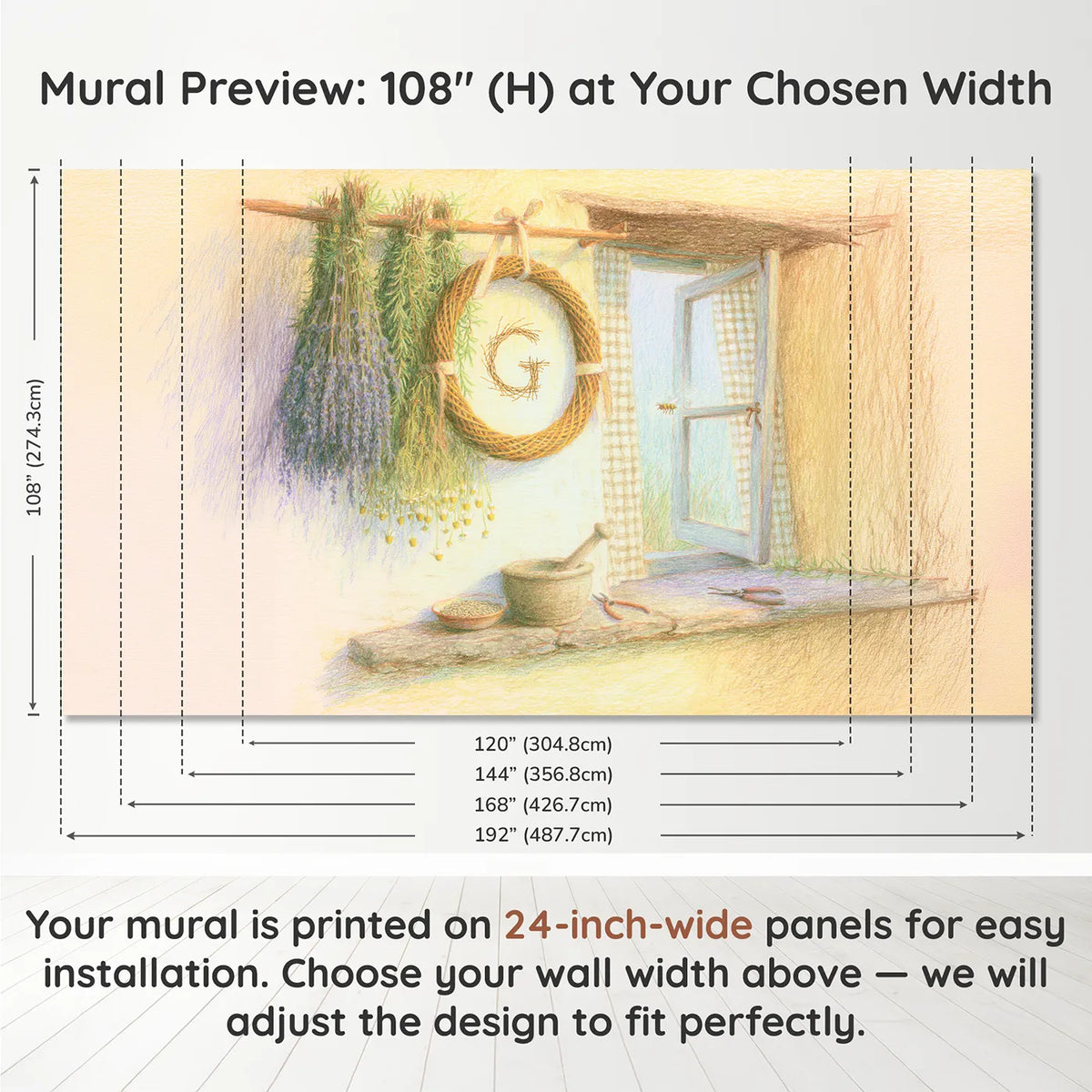 Panel layout and dimensions for Herb Drying Rack Personalized Wall Mural by Whimsy Tots