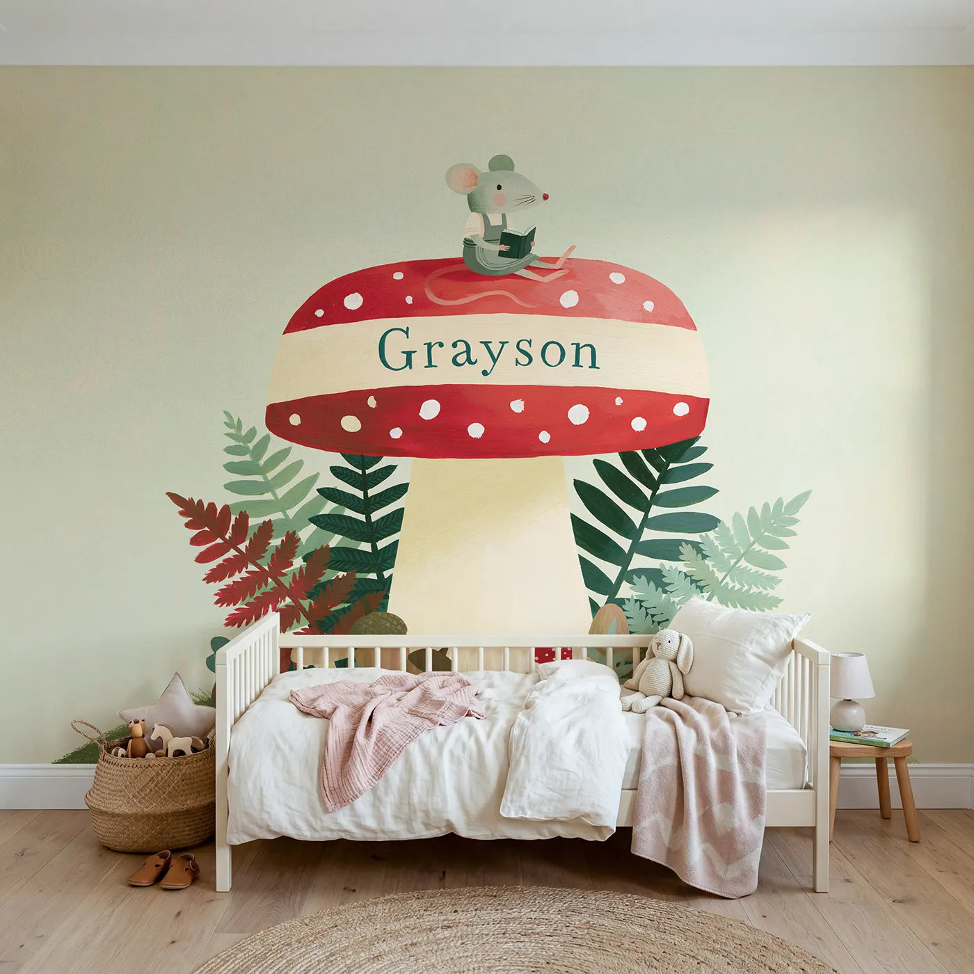 Modern illustration toadstool stool personalized wall mural with painted stem band by Whimsy Tots