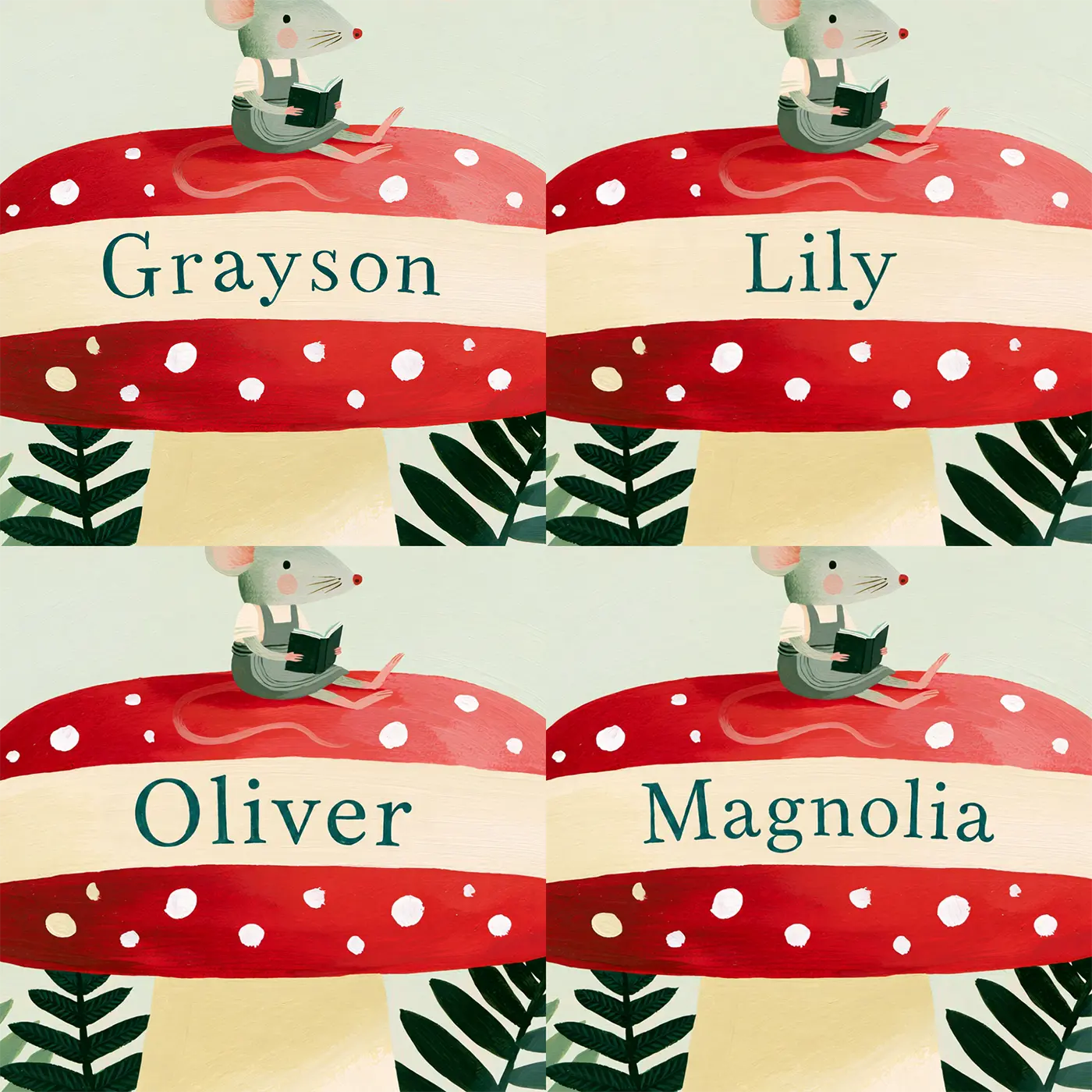 Four name preview examples of Flat Mushroom Stool Personalized Wall Mural by Whimsy Tots