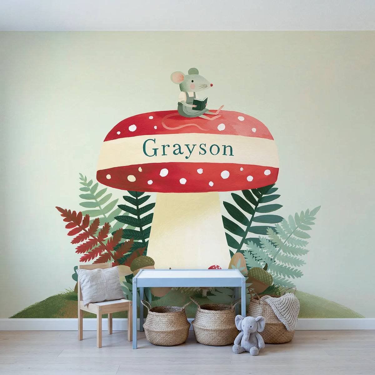 Flat Mushroom Stool Personalized Wall Mural in playroom setting by Whimsy Tots