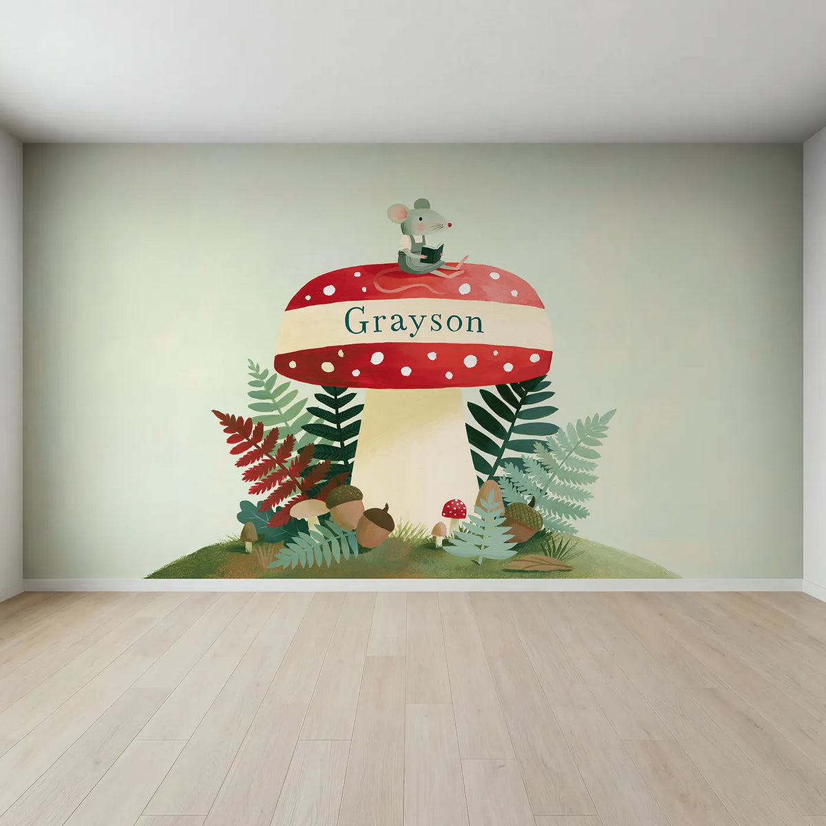 Full view of Flat Mushroom Stool Personalized Wall Mural by Whimsy Tots