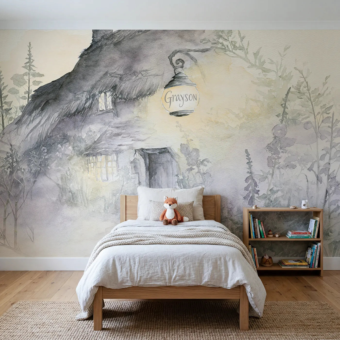 Watercolor misty cottage lantern personalized wall mural with etched glowing pane by Whimsy Tots