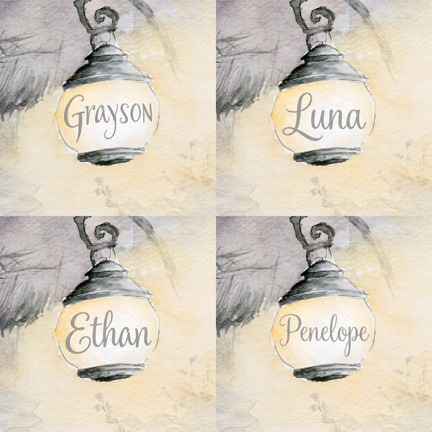 Four name preview examples of Misty Cottage Lantern Personalized Wall Mural by Whimsy Tots