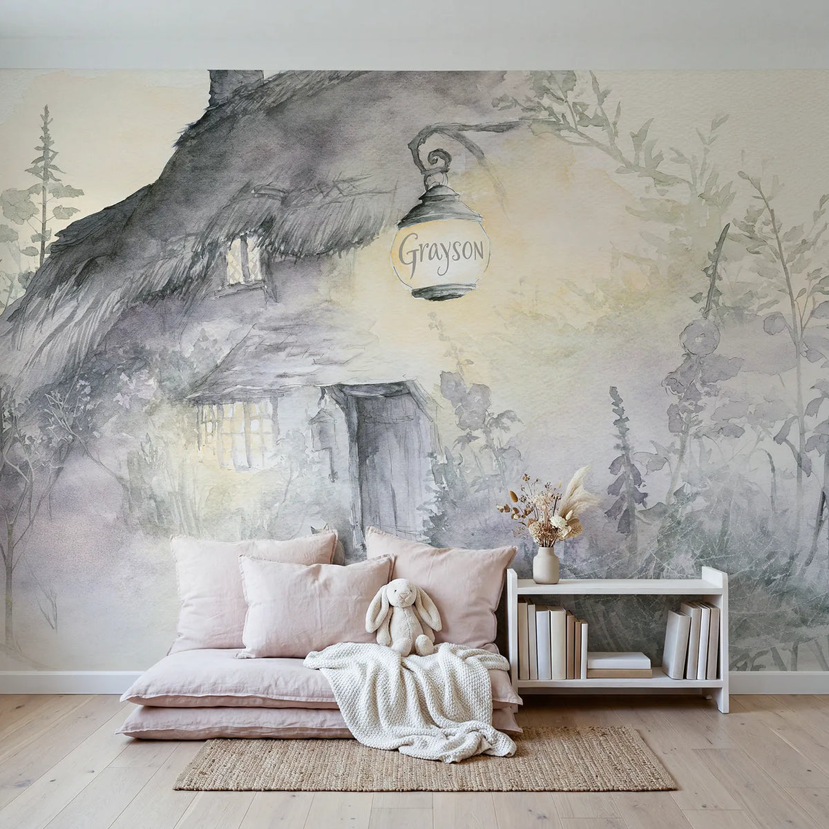 Misty Cottage Lantern Personalized Wall Mural in playroom setting by Whimsy Tots