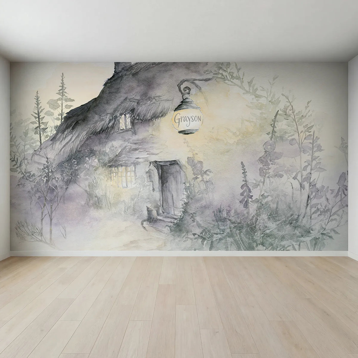 Full view of Misty Cottage Lantern Personalized Wall Mural by Whimsy Tots