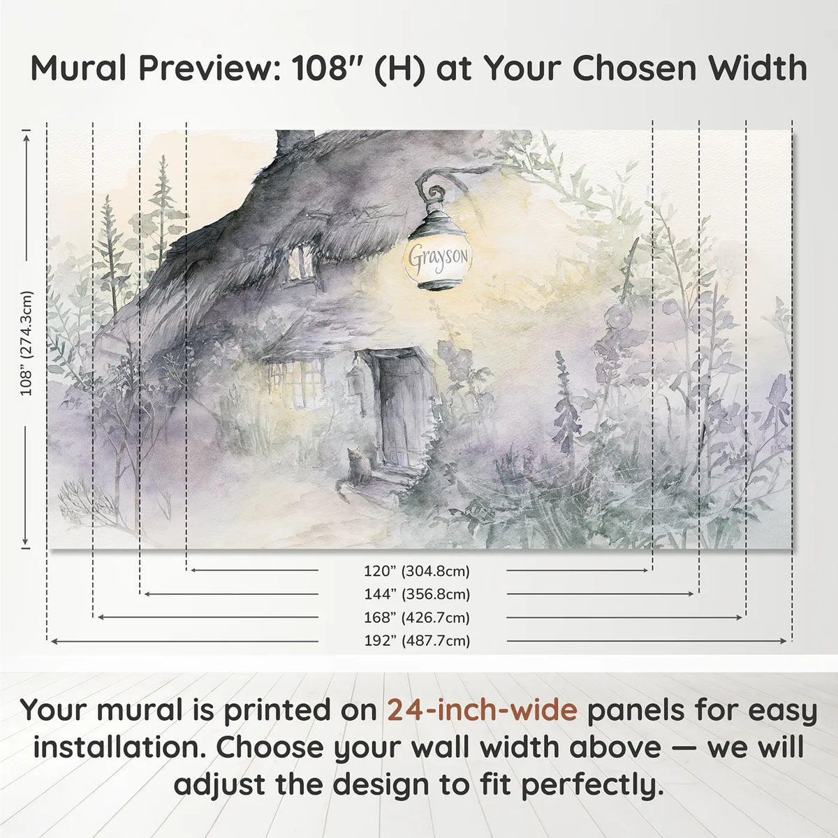 Panel layout and dimensions for Misty Cottage Lantern Personalized Wall Mural by Whimsy Tots