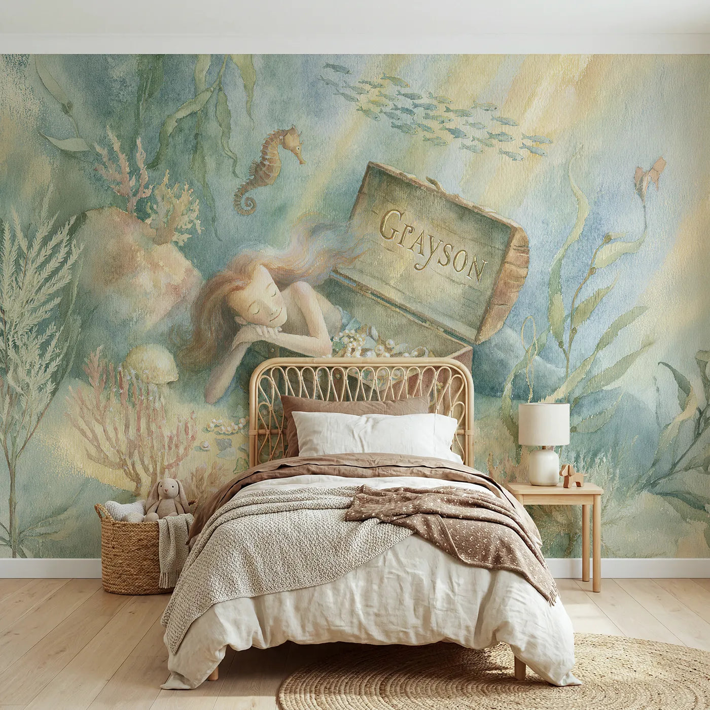 Storybook mermaid treasure chest personalized wall mural with gilded carved lid by Whimsy Tots