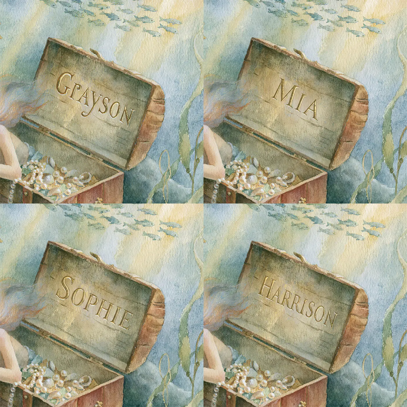 Four name preview examples of Mermaid Treasure Chest Personalized Wall Mural by Whimsy Tots