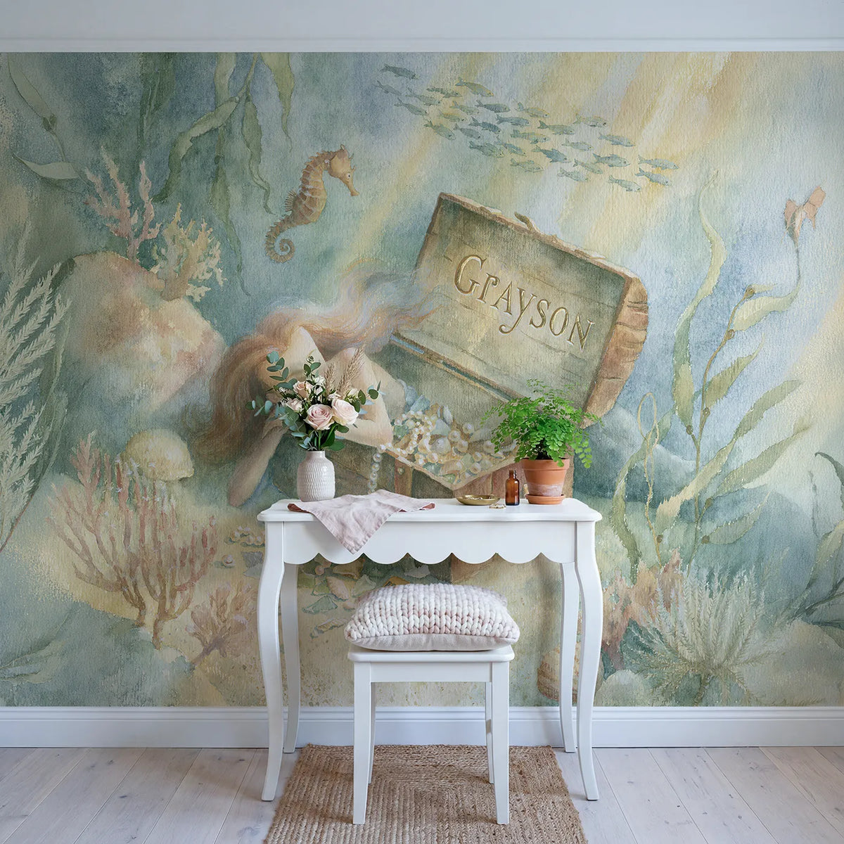 Mermaid Treasure Chest Personalized Wall Mural in playroom setting by Whimsy Tots
