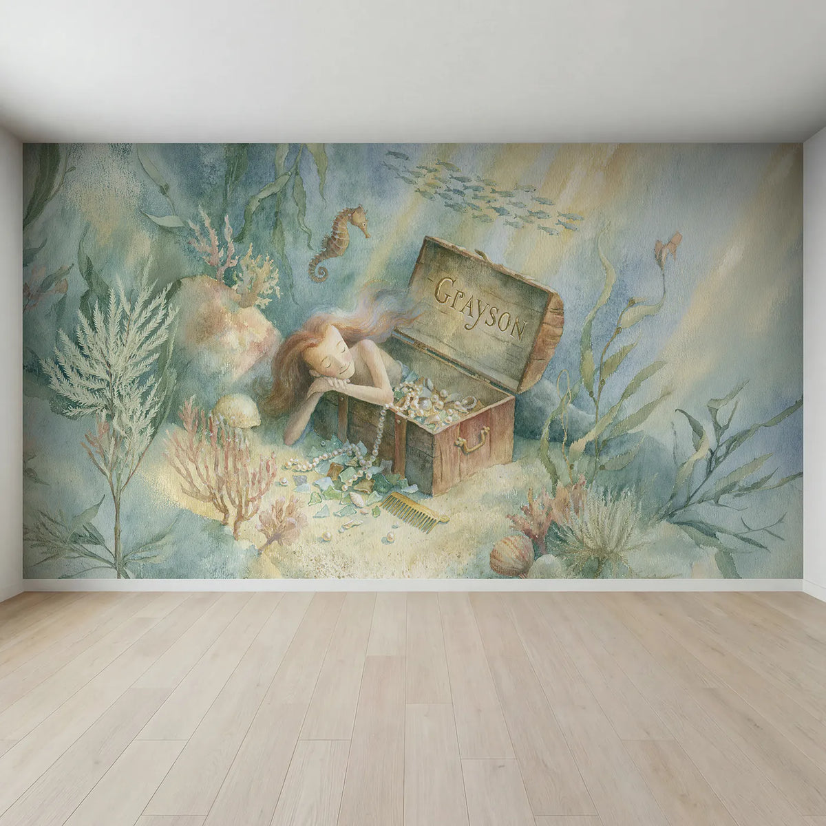 Full view of Mermaid Treasure Chest Personalized Wall Mural by Whimsy Tots