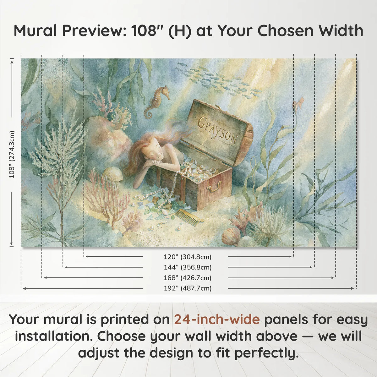Panel layout and dimensions for Mermaid Treasure Chest Personalized Wall Mural by Whimsy Tots