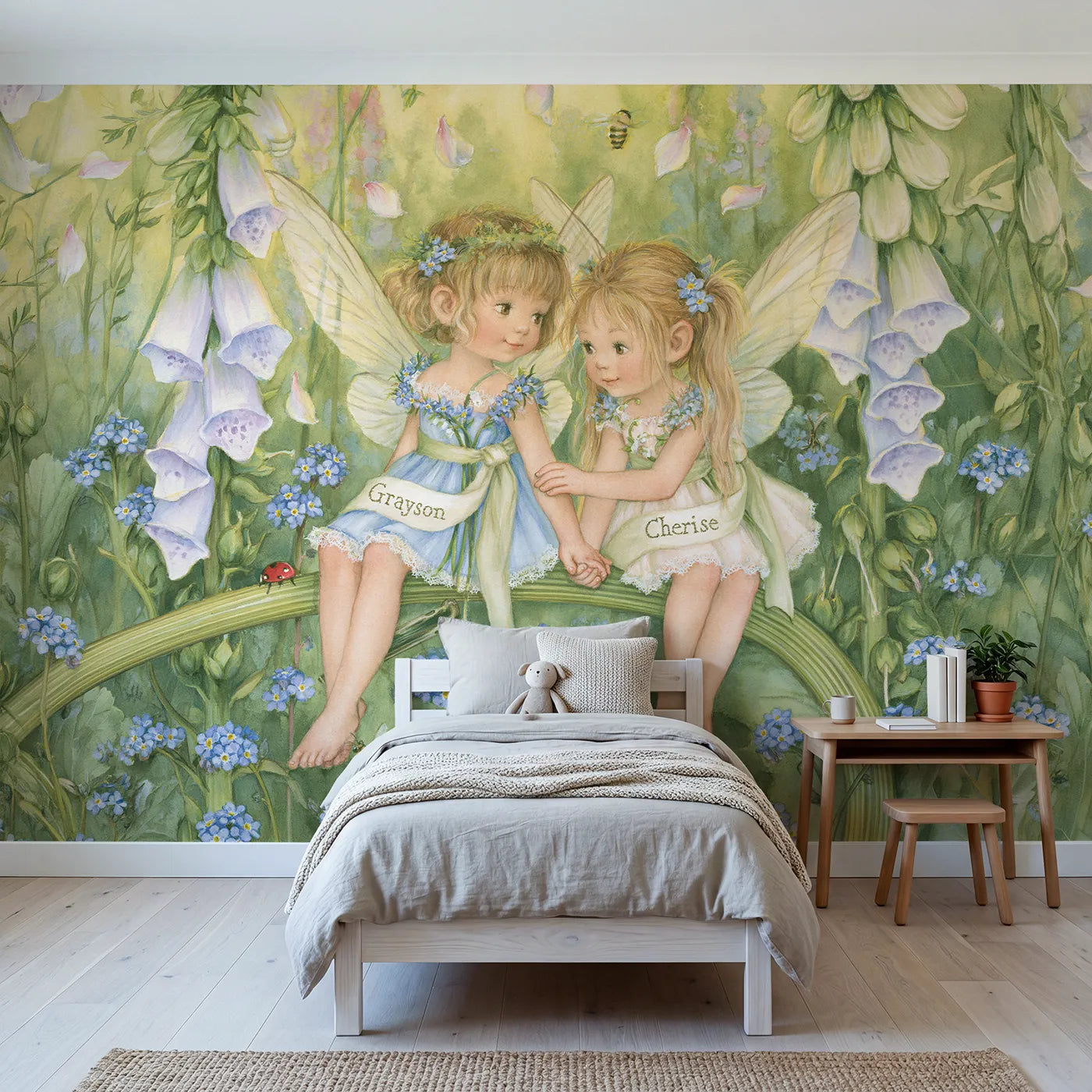 Storybook two flower fairies personalized wall mural with embroidered silk sashes by Whimsy Tots