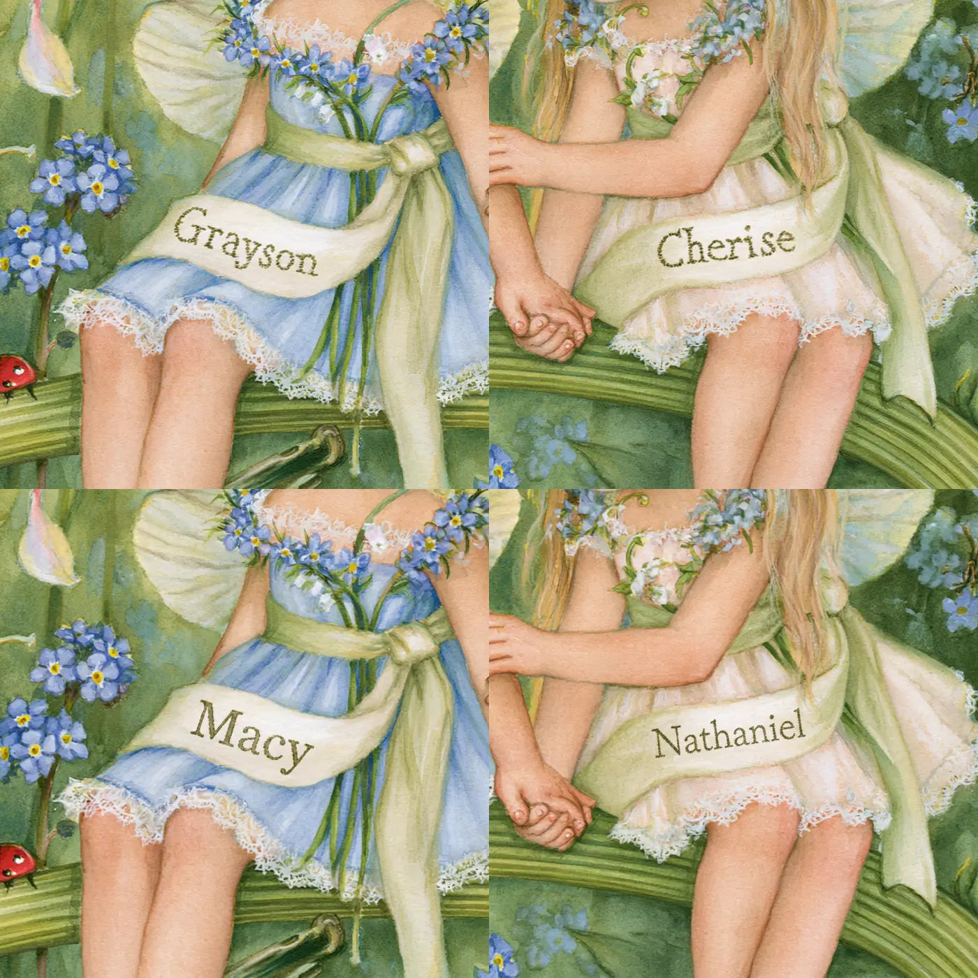 Four name preview examples of Two Fairy Wings Personalized Wall Mural by Whimsy Tots