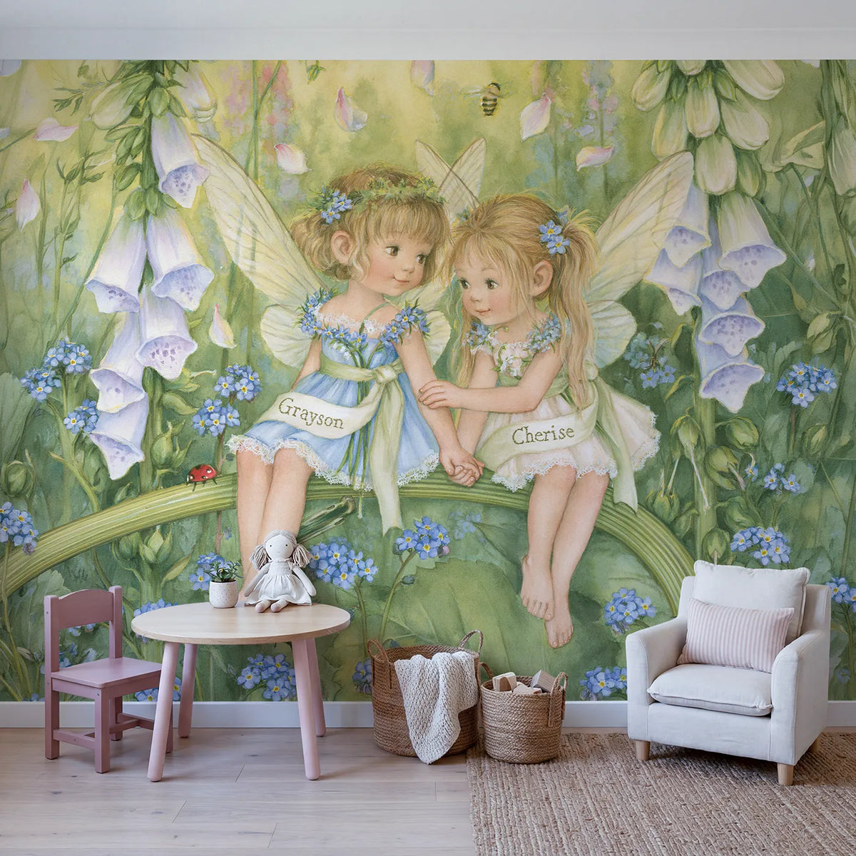 Two Fairy Wings Personalized Wall Mural in playroom setting by Whimsy Tots