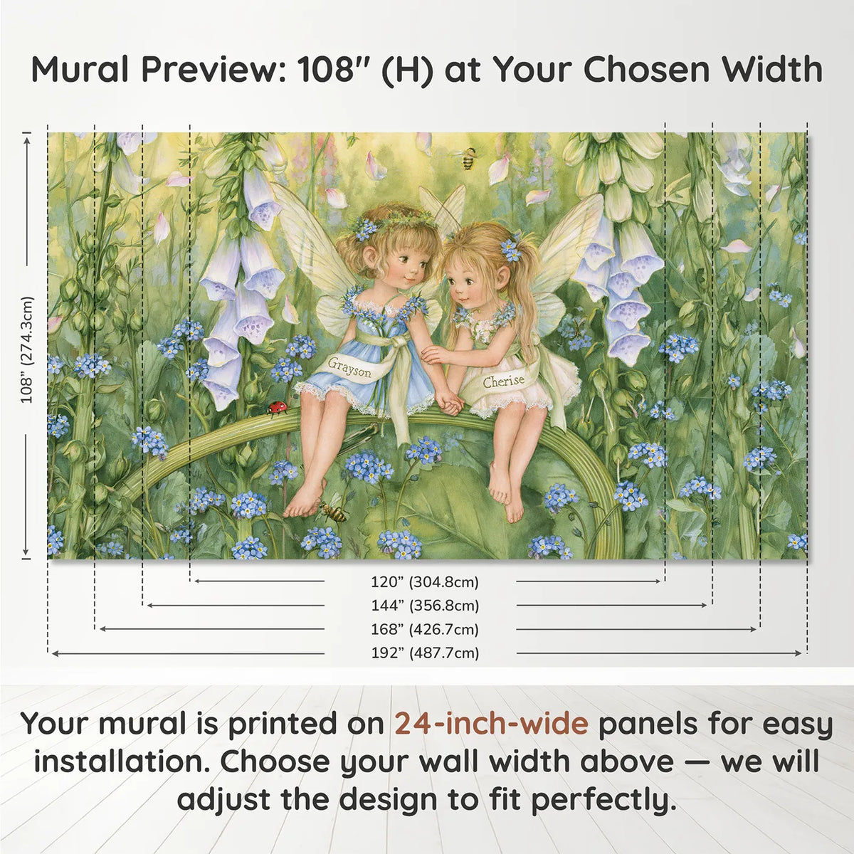 Panel layout and dimensions for Two Fairy Wings Personalized Wall Mural by Whimsy Tots