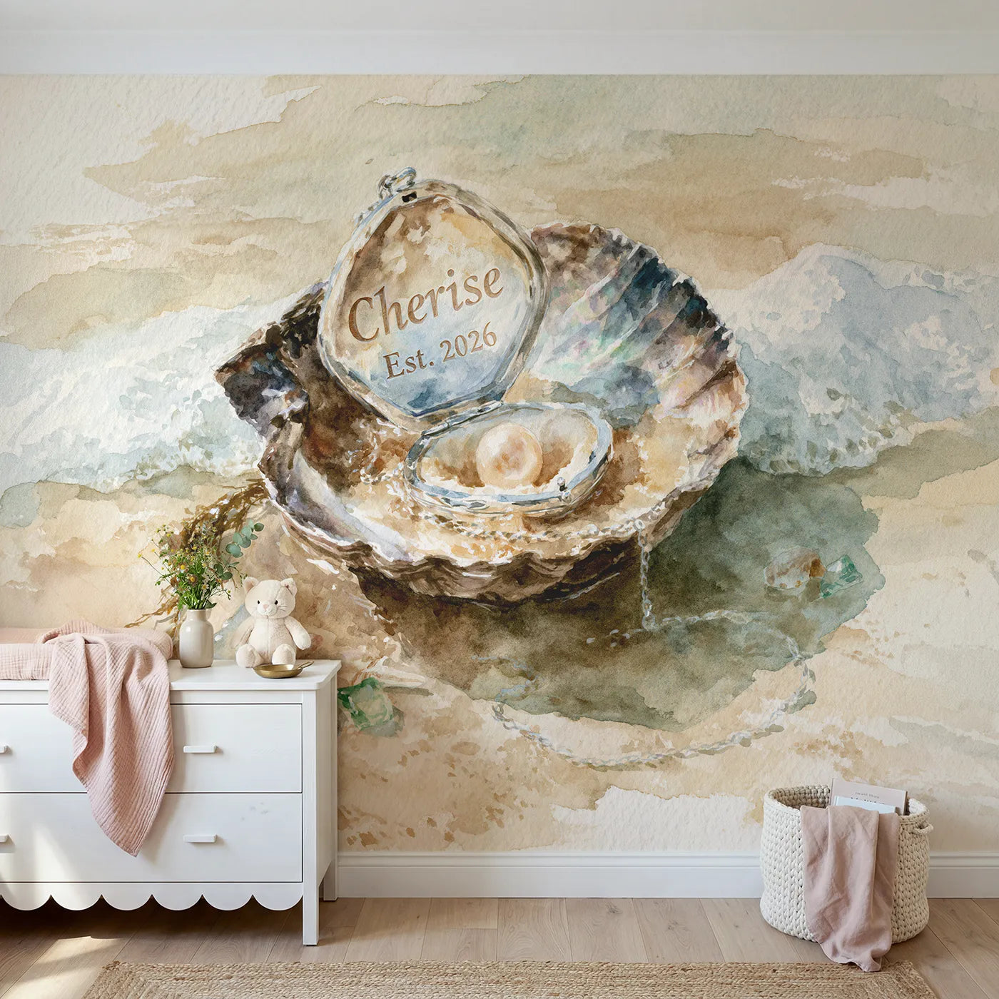 Watercolor pearl locket keepsake personalized wall mural with engraved silver lid by Whimsy Tots