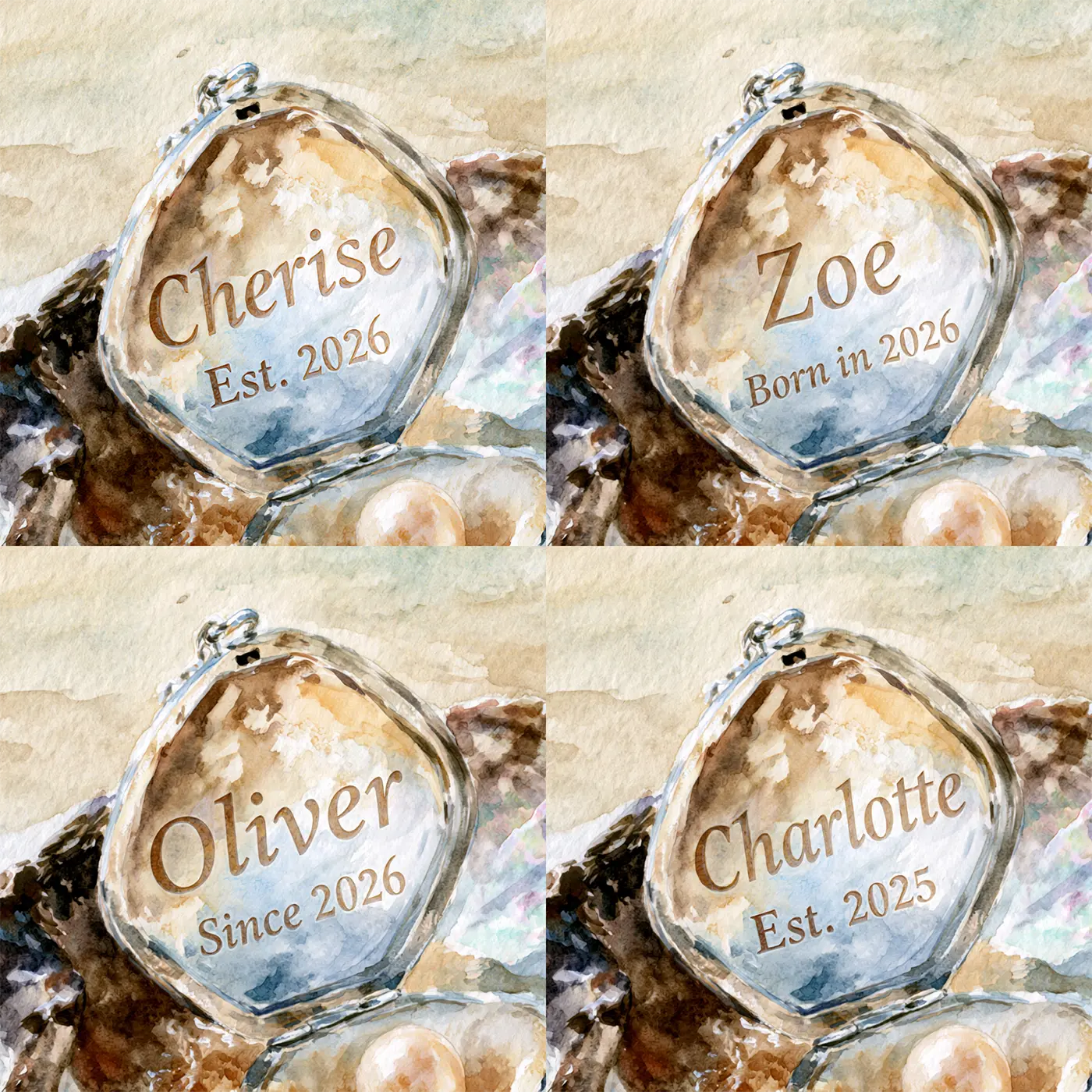 Four name preview examples of Pearl Locket Keepsake Personalized Wall Mural by Whimsy Tots