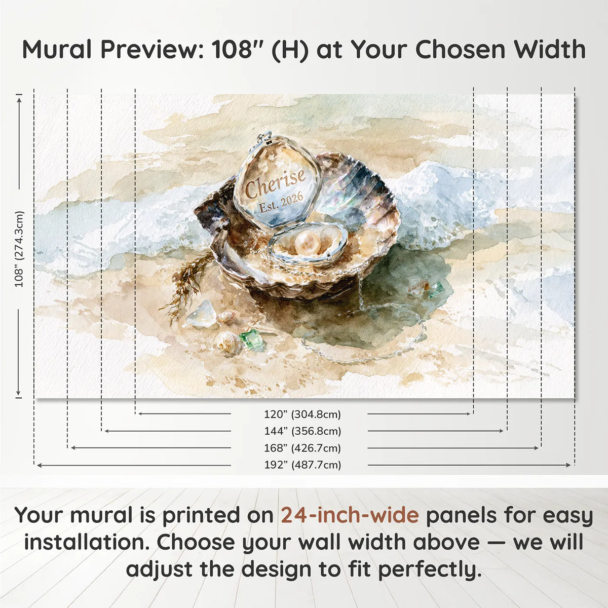 Panel layout and dimensions for Pearl Locket Keepsake Personalized Wall Mural by Whimsy Tots