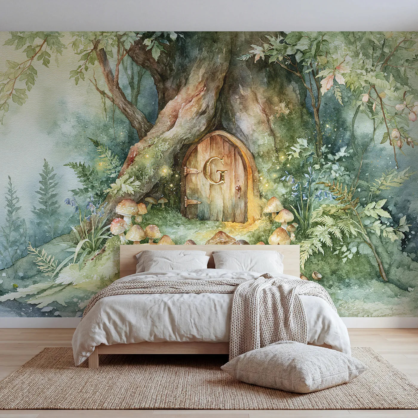 Watercolor fairy door toadstool ring personalized wall mural with carved gilded initial by Whimsy Tots