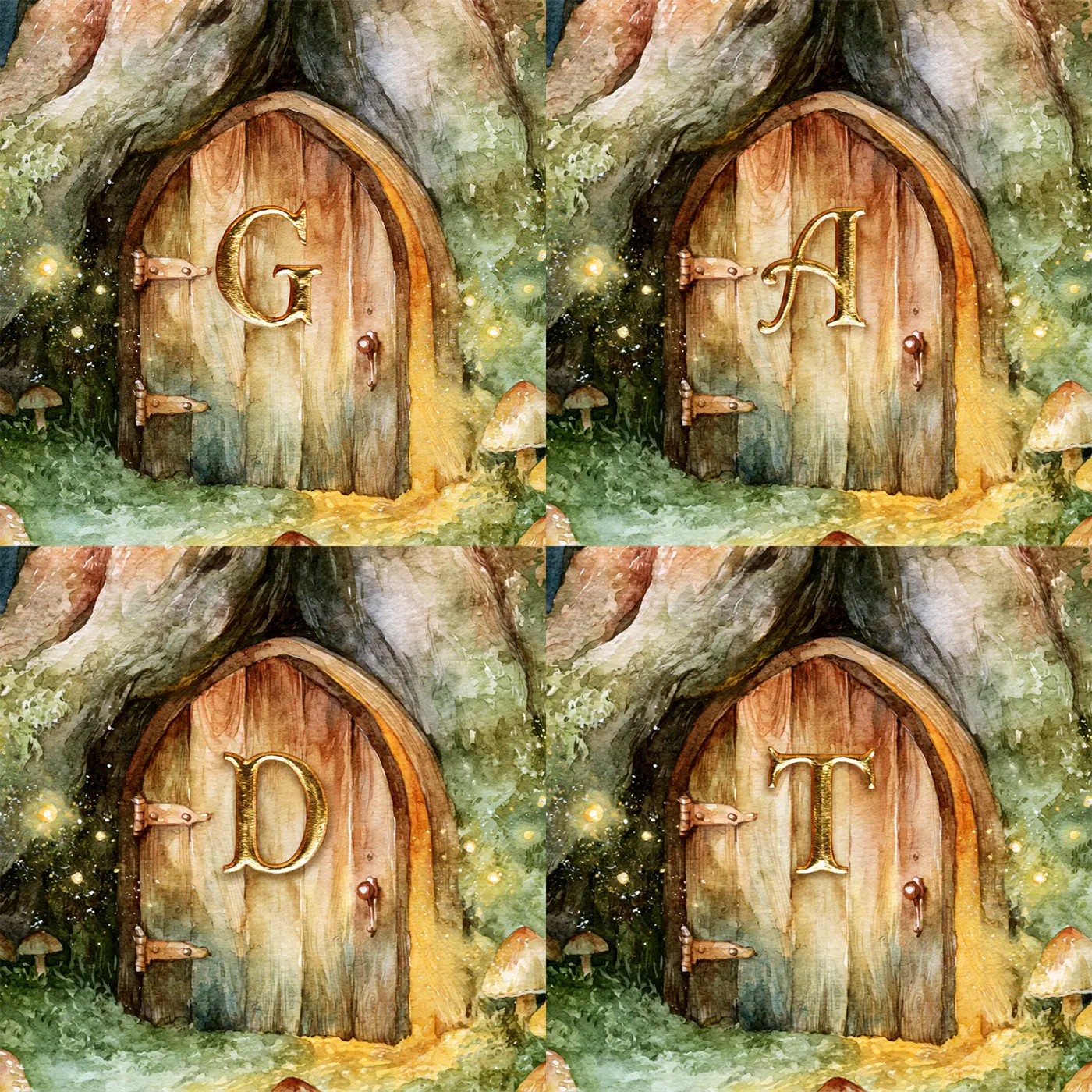 Four name preview examples of Fairy Door Toadstool Ring Personalized Wall Mural by Whimsy Tots